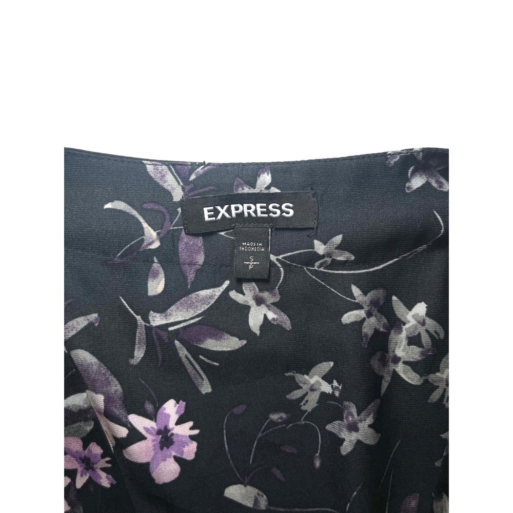 Express Floral Peplum Blouse Black Purple Open Front Tie Waist Top Small 0209 - Picture 2 of 6